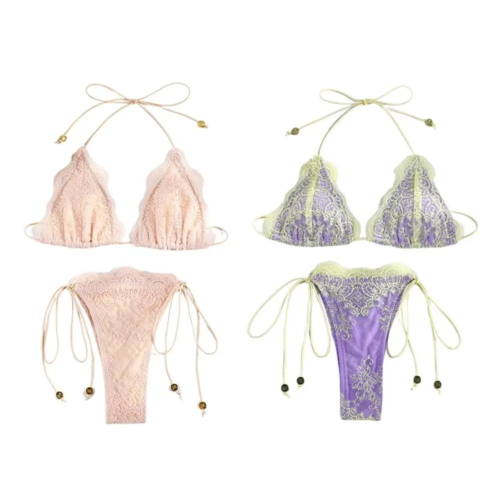 2Pcs/Set Fashion Summer Lace Bikini Set Bandage Patchwork Triangle Swimwear Casual Hollow Bathing Suit Vacation