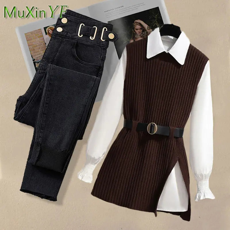 2026 Spring Korean Elegant in Matching Set Women's Fashion Knitted Vest+Shirt+Jeans Three Piece Female Chic Denim Pants Suit