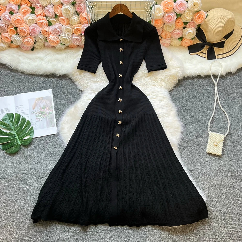 YuooMuoo Brand Fashion Vintage Turn-down Collar Knit Maxi Dress Elegant Single-breasted A-line Long Shirt Dress Lady Vestidos