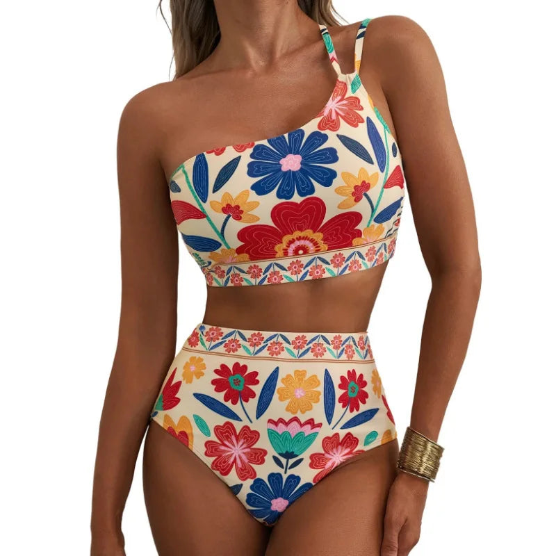 Floral High-Waisted Bikini Set, 2-Piece Printed Tummy Control Swimsuit