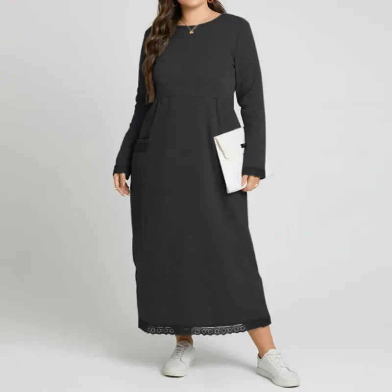 Plus Size 0XL-5XL Women's Fall Loose Fashion Dress Knitted Lace Long Dress Padded Sweater Casual Dress Sports Dresses