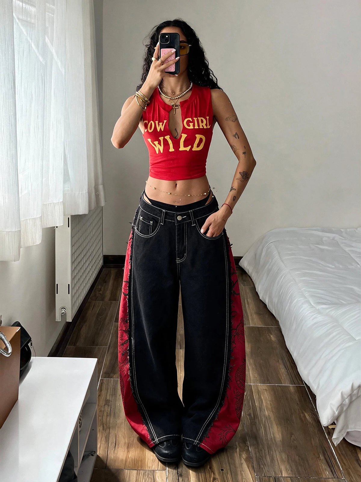 Jeans High Street Retro Black and Red Color-Blocked Print Design Black Baggy Jeans Y2K Street Fashion Versatile Women's Slimming Wide-Leg Pants