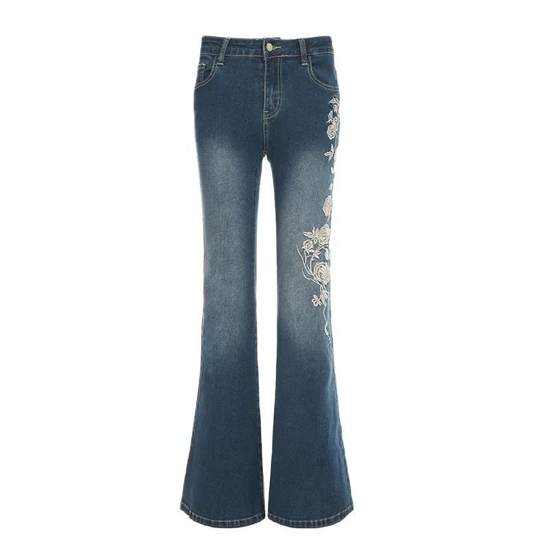 Autumn Women Retro Y2k Jeans Baggy Floral Embroidery Vintage 2000s Low Rise Flared Denim Pants High Street Slim Fit Trousers