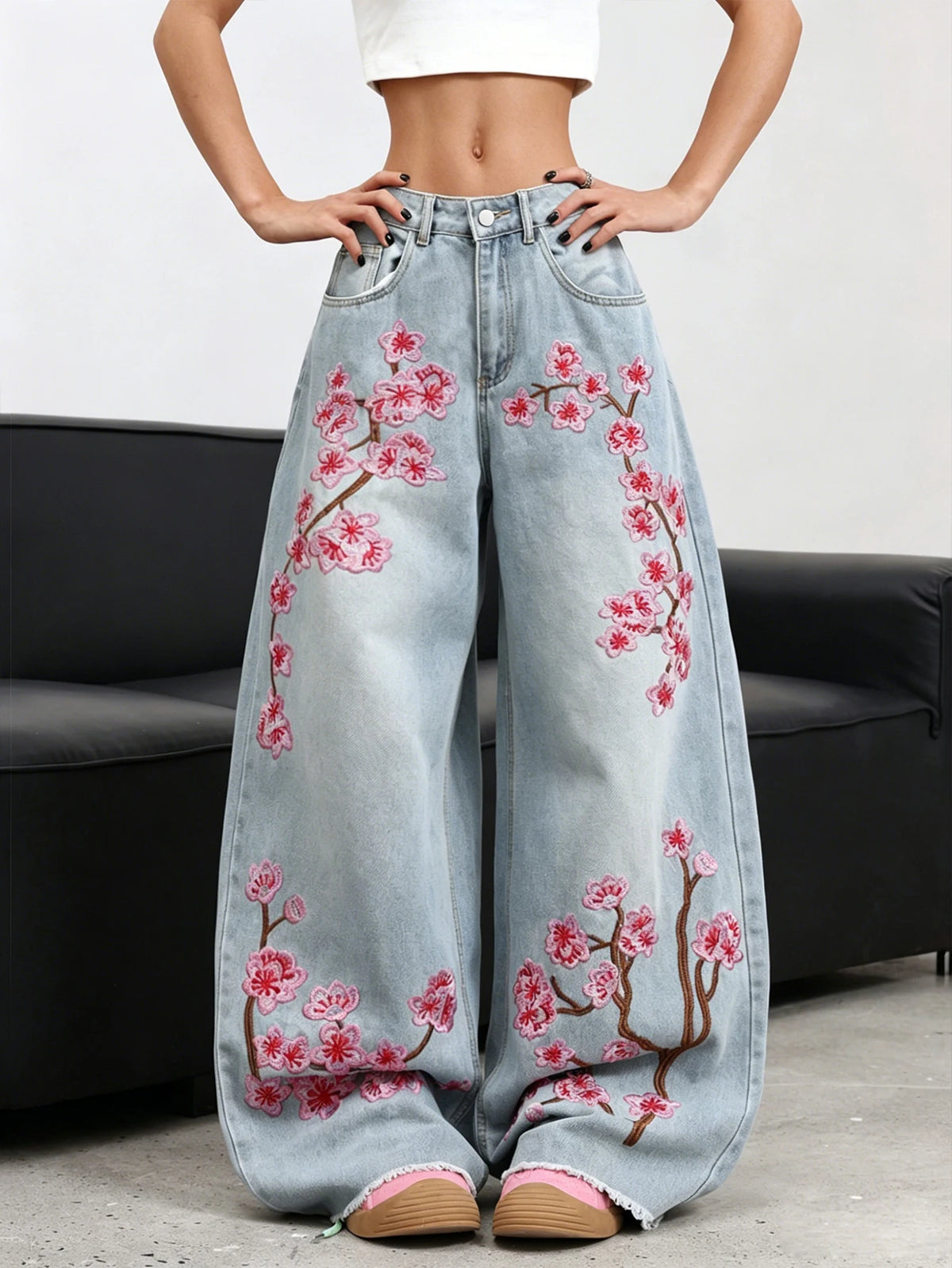 ·American Retro Plum Blossom Embroidery Design Blue Women's Loose Wide-Leg Jeans Y2K Street Fashion Versatile Straight Trousers