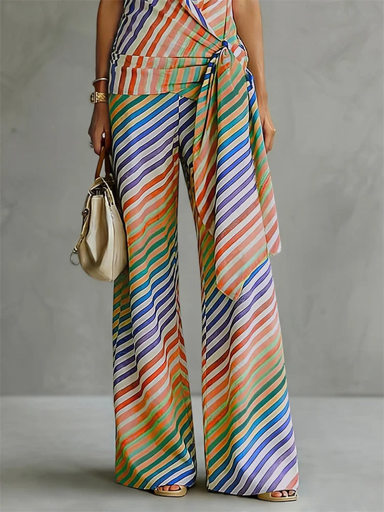UOOZEE 2026 Women Evening Contrast Color Striped Matching Set Sleeveless Backless Halter-Neck Vest Top & Palazzo Pants Sets
