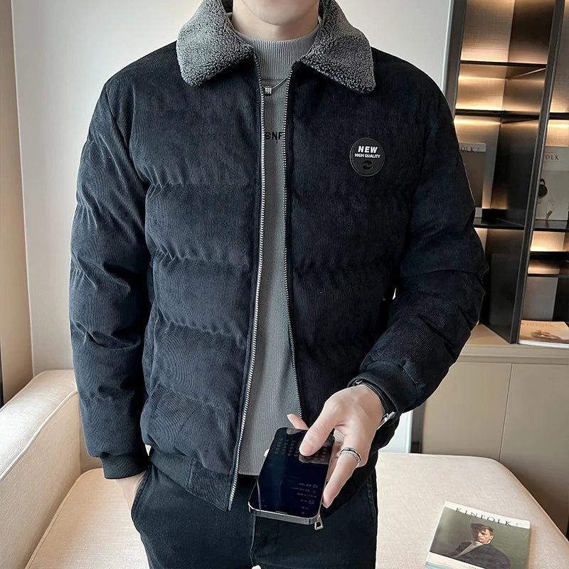 Men Retro Corduroy Workwear Jacket Men Fleece Lined Loose Casual Outerwear Men Winter Lapel Thick Cold Resistant Fashion Parkas