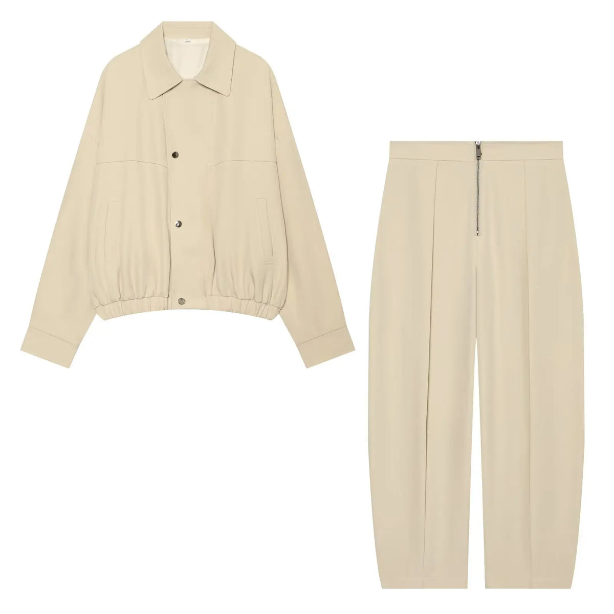 BSAY Korean Minimalist Matching Set Women Lapel Cropped Jacket High Waist Front Zip Wide Leg Pants Daily Office Casual Outfit