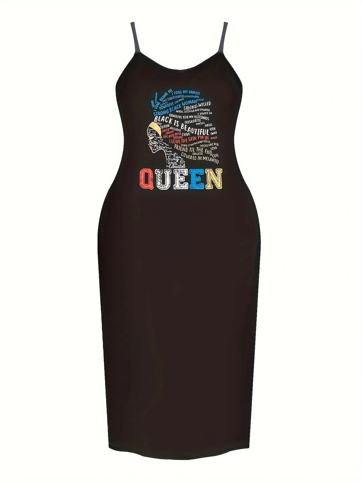 Casual Dress Plus Size Curvy Women Spaghetti Strap Bodycon Midi Dress Black Queen Black Is Beautiful Afro Girl Print V Neck Sleeveless Cami Pencil Dress Summer Club Casual Ladies Vestidos