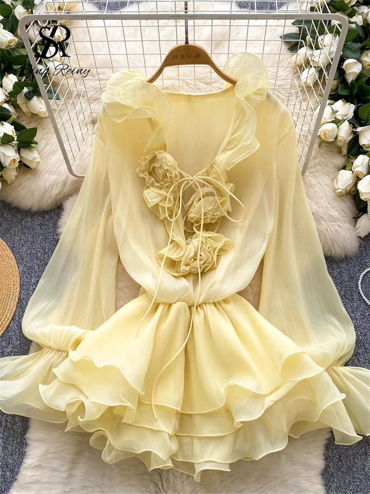 Dress Bohemian Floral SINGREINY 3D Floral Beach Short Dress Female Long Sleeves Lace Up Ruffle Chiffon Cake Sundress Sheer Sexy Vintage Bohemian Dress