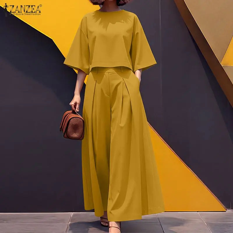 Women Pant Sets Boat Neck 3/4 Sleeve Crop Top & Wide Leg Pant 2-Piece Matching Sets ZANZEA Minimalist Elegant OL Work Co-ords