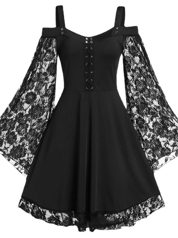 Dress Gothic Lace 2022 Gothic One-shoulder Lace Stitching Flared Sleeve Dress Literary Vintage Autumn Grunge Black A-line Dress Punk Partywear