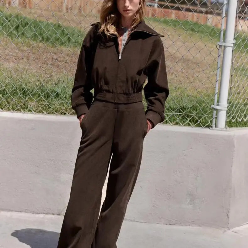 Women's Short Zipper Jacket And Pants Set Long Sleeve Turn-down Collar Coat Outerwear Fashionable Autumn Outfit Two-piece Set