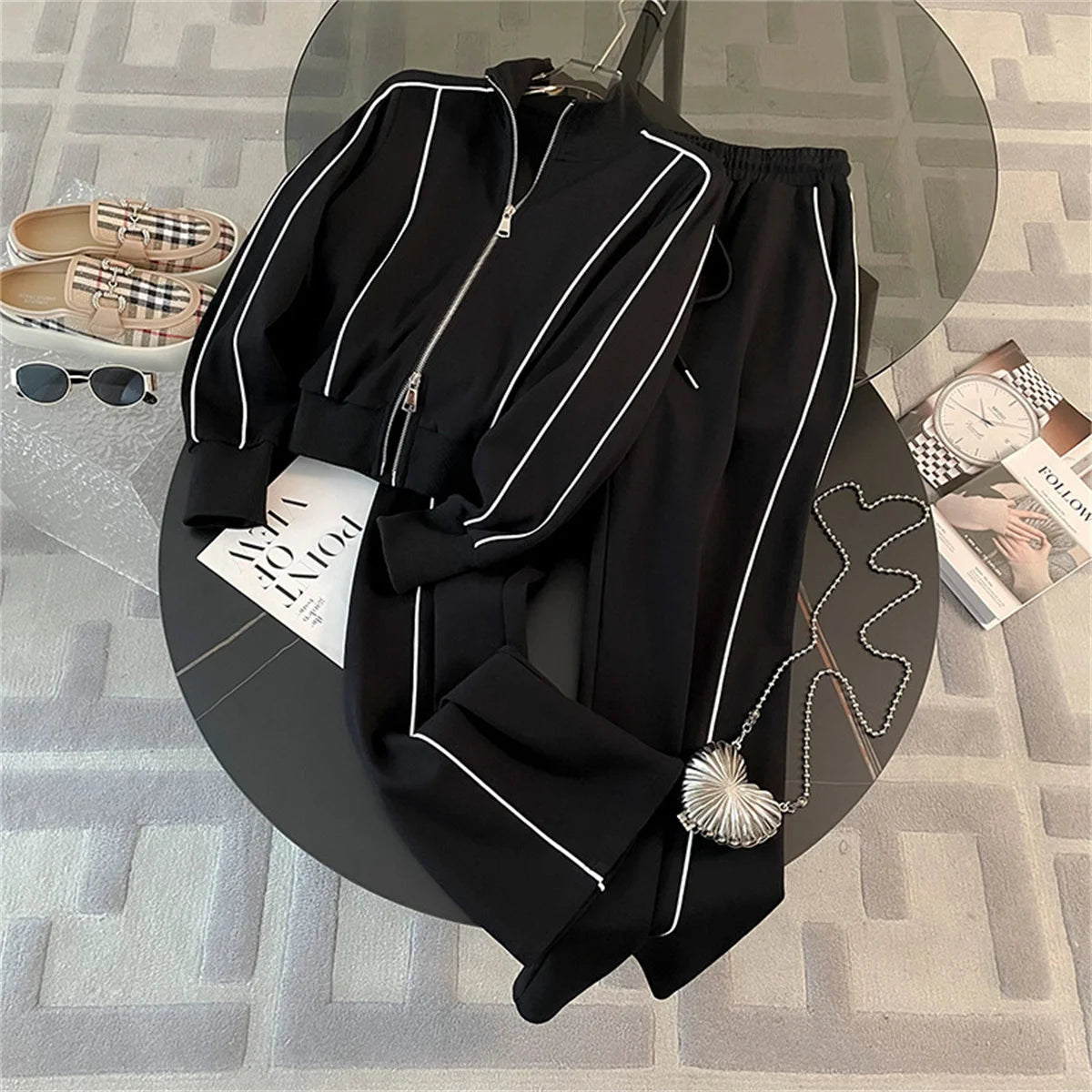 Autumn Winter Coat And Pant Set Women Fashion Zipper Long Sleeve Coat Wide Leg Drawstring Trousers Female Casual 2 Piece Sets