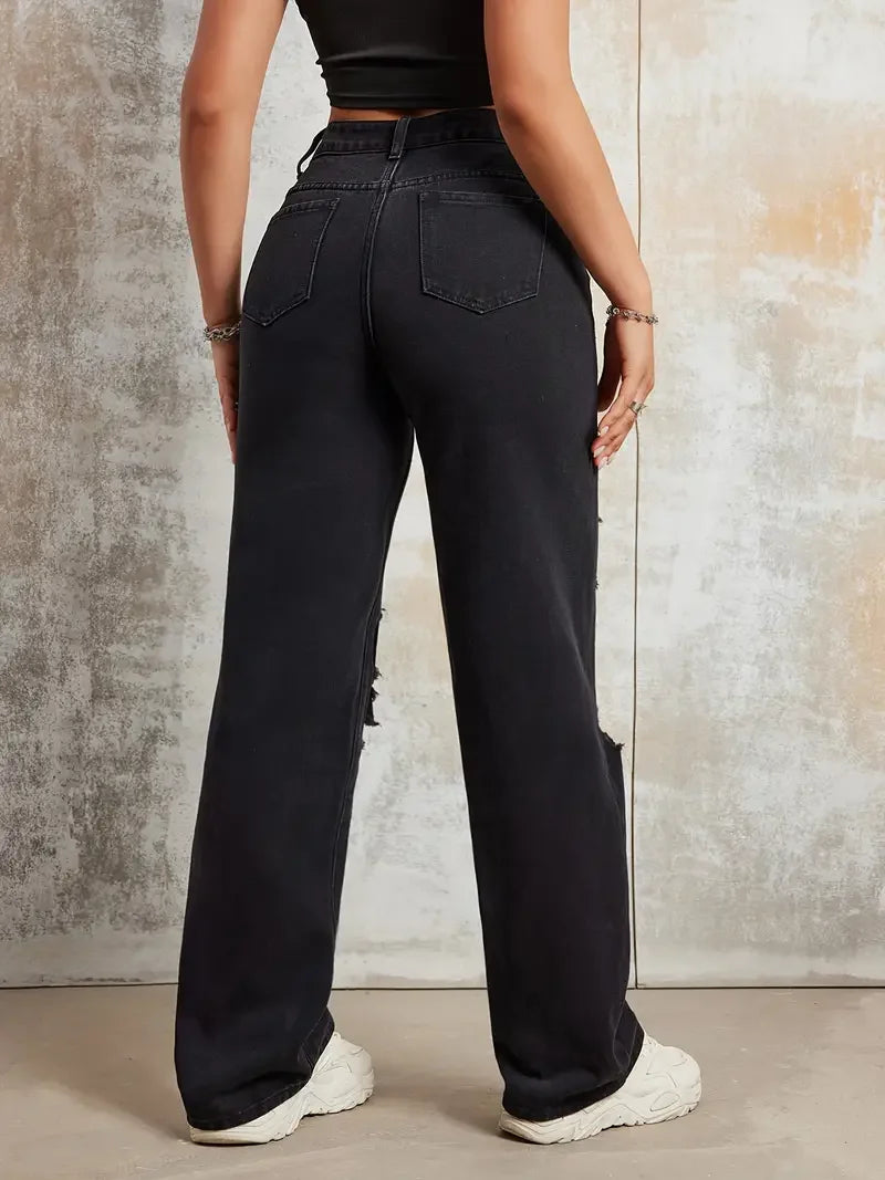 2025 Style Women's Jeans Women's Spring And Autumn Hot Selling Street INS Same Style Print Ripped Straight Jeans