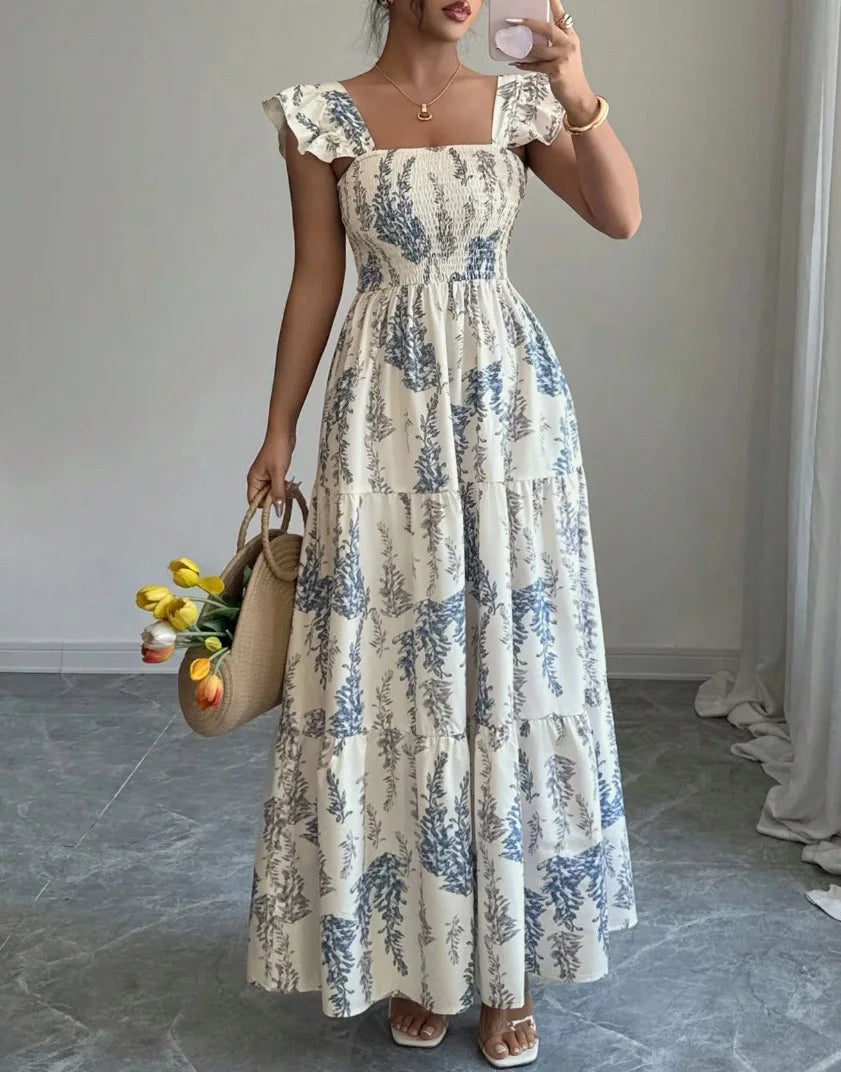 Women's Blue Fern Print Boho Maxi Dress Square Neck Ruffle Sleeve Smocked Sundress for Casual Holiday Vacation Wear