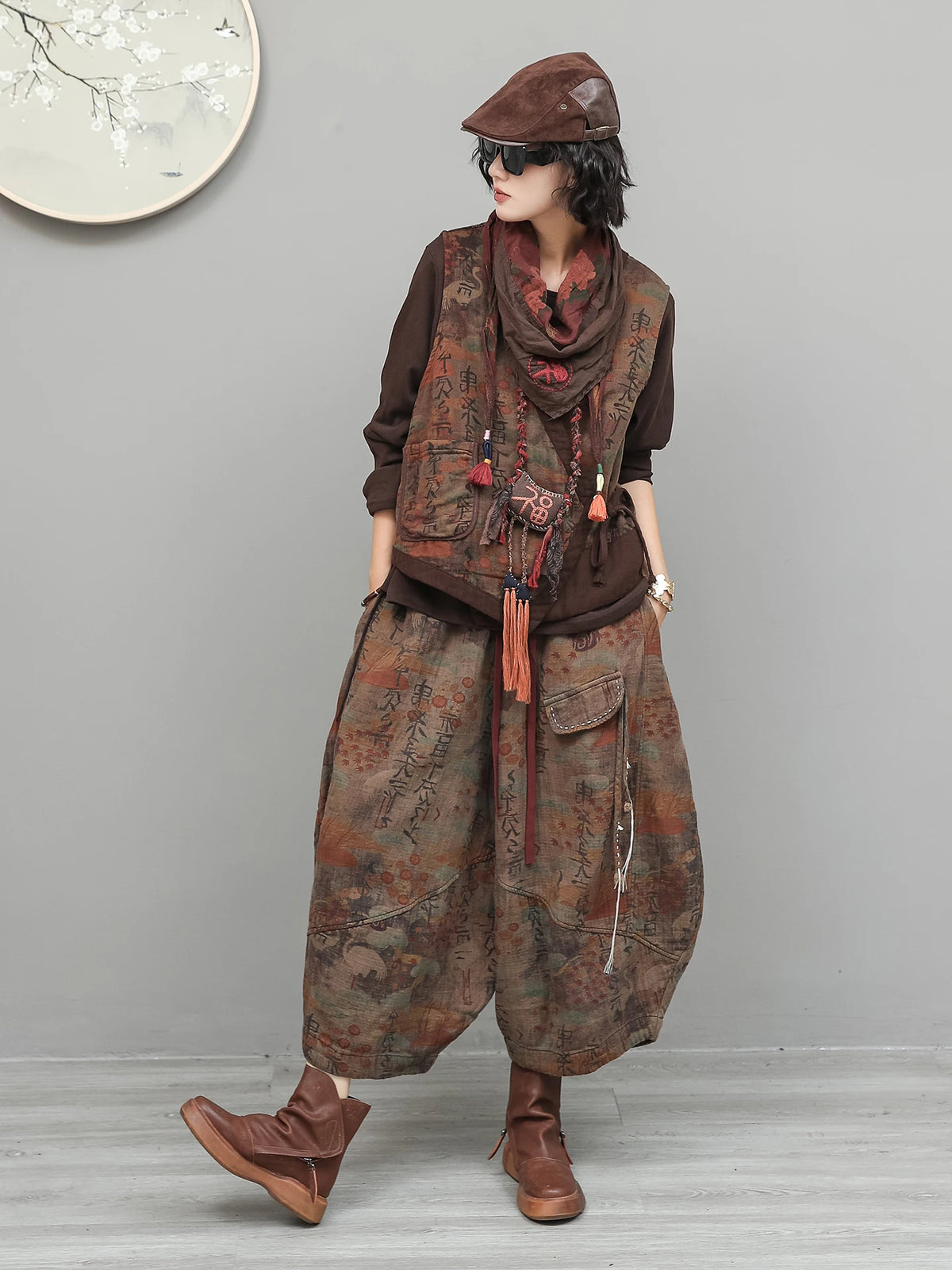 Set Artistic Print Outfit Women Autumn Tie-front Cardigan Loose-fitting Short Vest + Versatile Cropped Pant Two Piece Set ZF2545