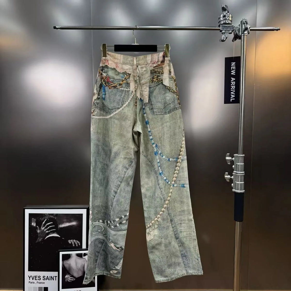 Y2k Jeans Baggy Fashion Product 3D Printed Lace Pearl Chain Straight Tube Women Pants High Waisted Jeans Pants for Woman