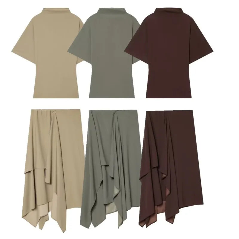 Women's Flowing Midi Waist Skirts Sets 2026 Spring Summer 2 Piece Loose High-Neck Top+ Asymmetric Skirts Female Outfit
