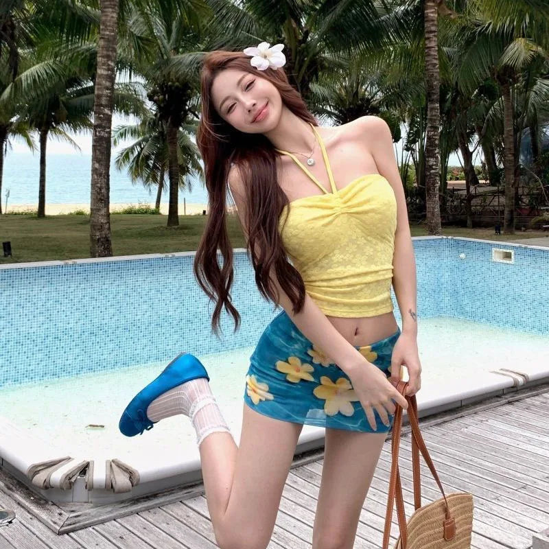 French Drawstring Blue Floral Tube Top Women Separate Swimwear Set Coastal Summer Vacation Beach Holiday Swimsuit for Girl