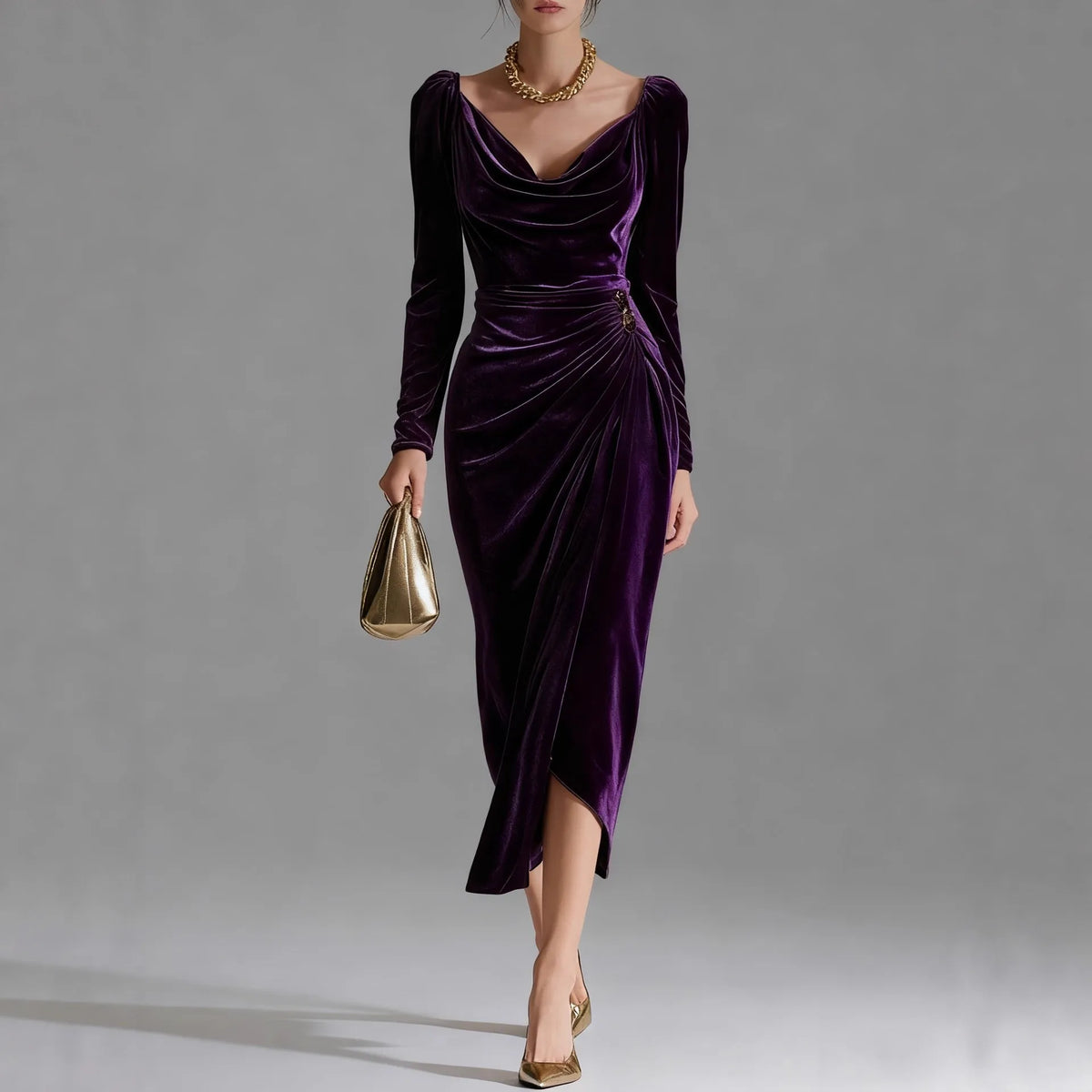 2025 European and American Women's Casual Gold Velvet Sexy Long-Sleeve Slim Pleated Long Split Bodycon Dress