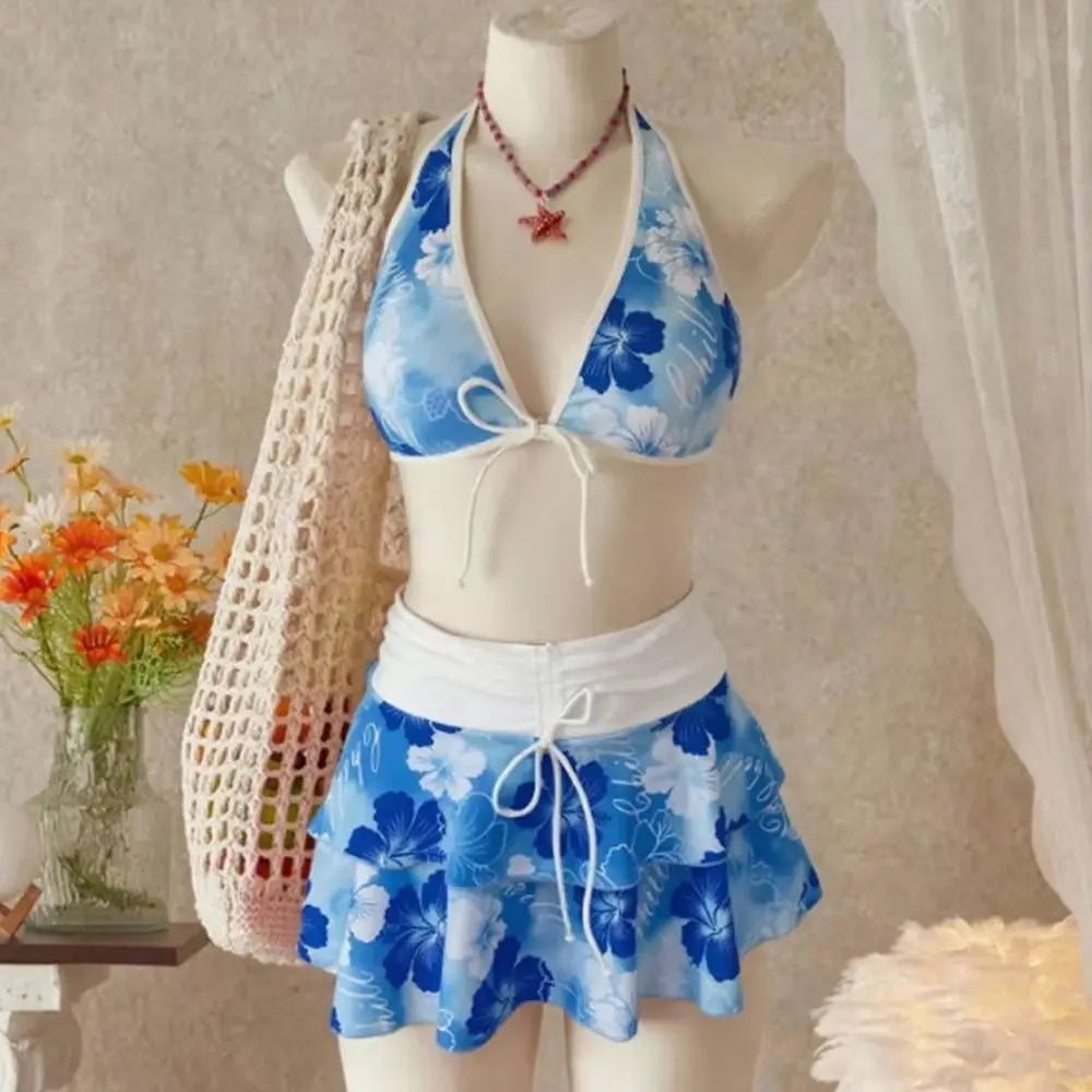 3Pcs/Set Fashion Summer Floral Swimsuit Triangle Halter Elegant Bikini Set Cover Up Skirt High-Waist Swimwear Vacation