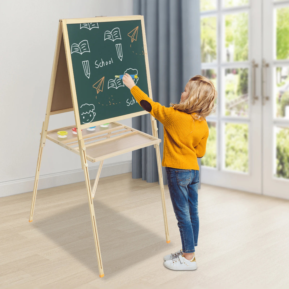 Wooden Kids Art Easel Adjustable 3-in-1 Magnetic Whiteboard & Chalkboard with Accessories for Creative Children Drawing