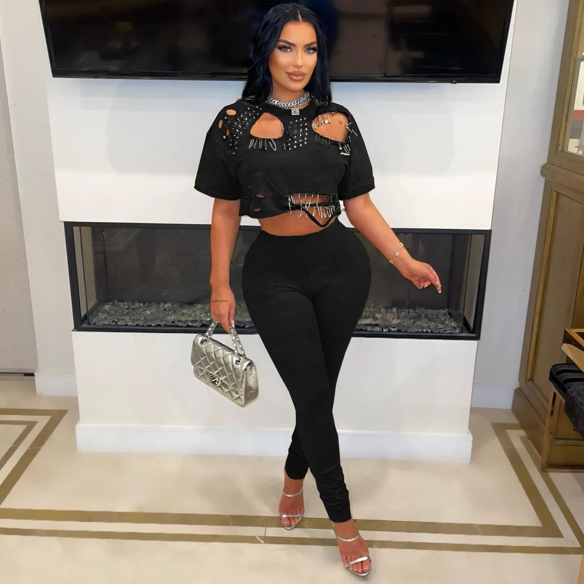 Women Punk 2 Piece Matching Set, Crew Neck Cutout Rivet Pin Decor Crop Top High Waist Skinny Pants Streetwear Outfit