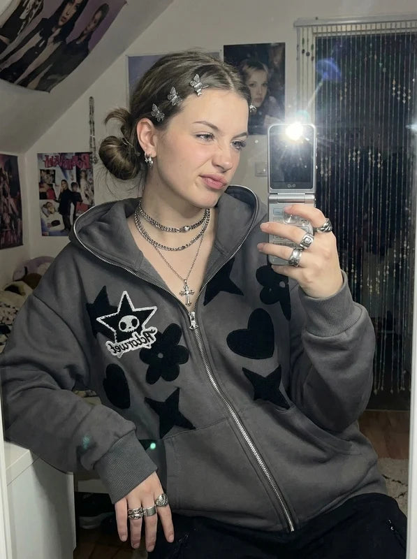 Hoodies Women Y2k Women Retro Embroidery Hoodies Autumn Winter Zip Up Long Sleeve Loose Jacket Coats Y2k Harajuku Casual P