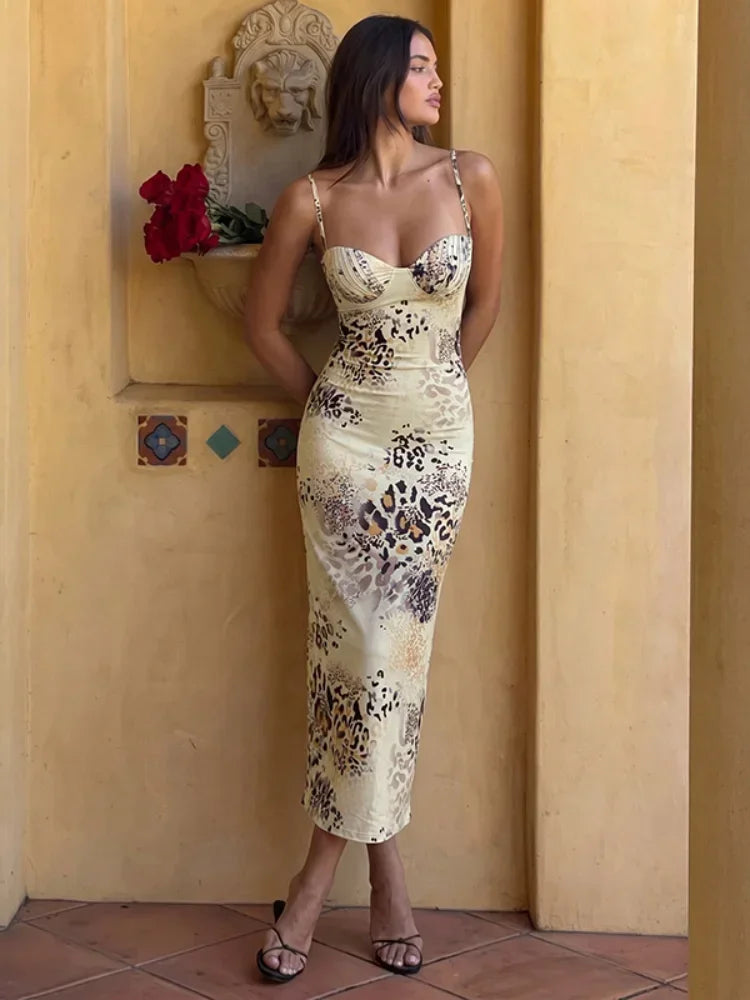 Casual Dress Women Leopard Print Midi Dress 2026 Sweetheart Ruched Spaghetti Strap Bodycon Dresses Summer Party Vacation Club Casual Gowns