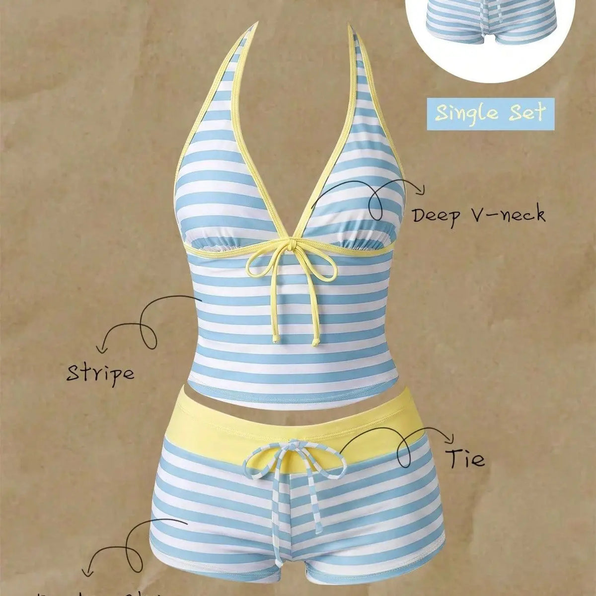 2000s Women's Striped 2 Piece Bikini Sets Y2k American Vintage Crop Tops Swimwear Harajuku Sweet Sexy Beach Bathing Suit Chic