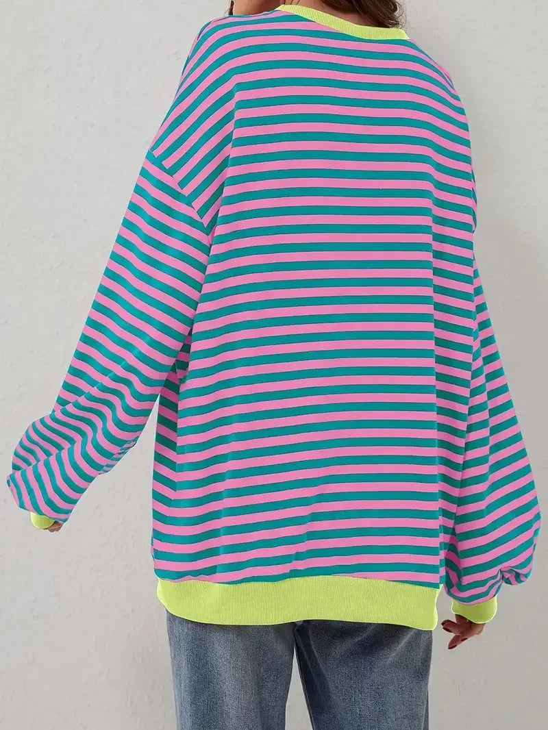 Plus Size 1XL-5XL Women Casual Casual Striped Drop Shoulder Long Sleeve Sweatshirt Women's Round Neck Loose Sweatshirt
