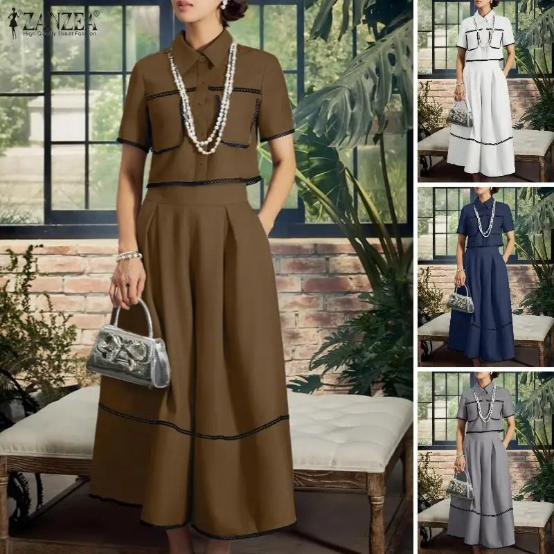 2026 Summer Outfits ZANZEA Women Patchwork 2 Pieces Sets Elegant Lapel Neck Short Sleeve Shirt A Line Dress Suit Matching Sets