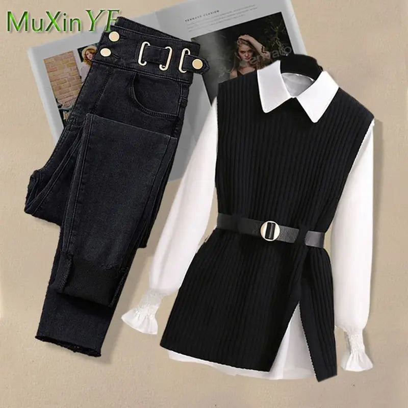 2026 Spring Korean Elegant in Matching Set Women's Fashion Knitted Vest+Shirt+Jeans Three Piece Female Chic Denim Pants Suit