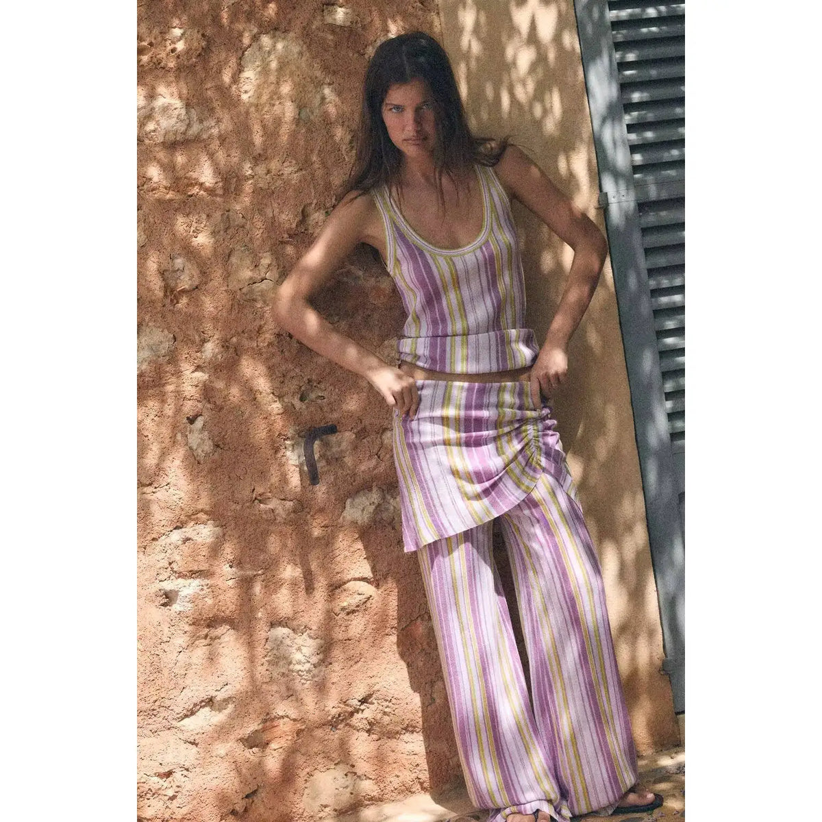 Fashionable Striped Knitted Women's Clothing ZR Style Spring Summer Arrival Two-Piece Set Long Skirt Pants No Sleeve