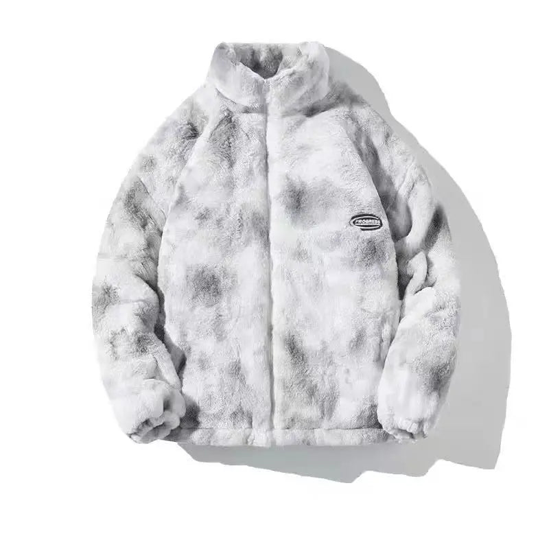 Hip-hop Winter Tie dye Print Men Coat New Casual Thick Warm Parka Coat Streetwear Loose Men Clothing Faux Mink Couple Coat