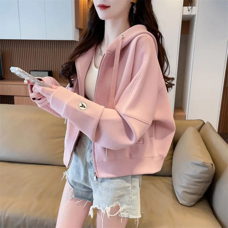 Women's Korean Style Letter Print Cropped Hoodie Zip-Up Sweatshirt Loose Petite Zipper Hooded Coat Casual Trendy Autumn Winter O