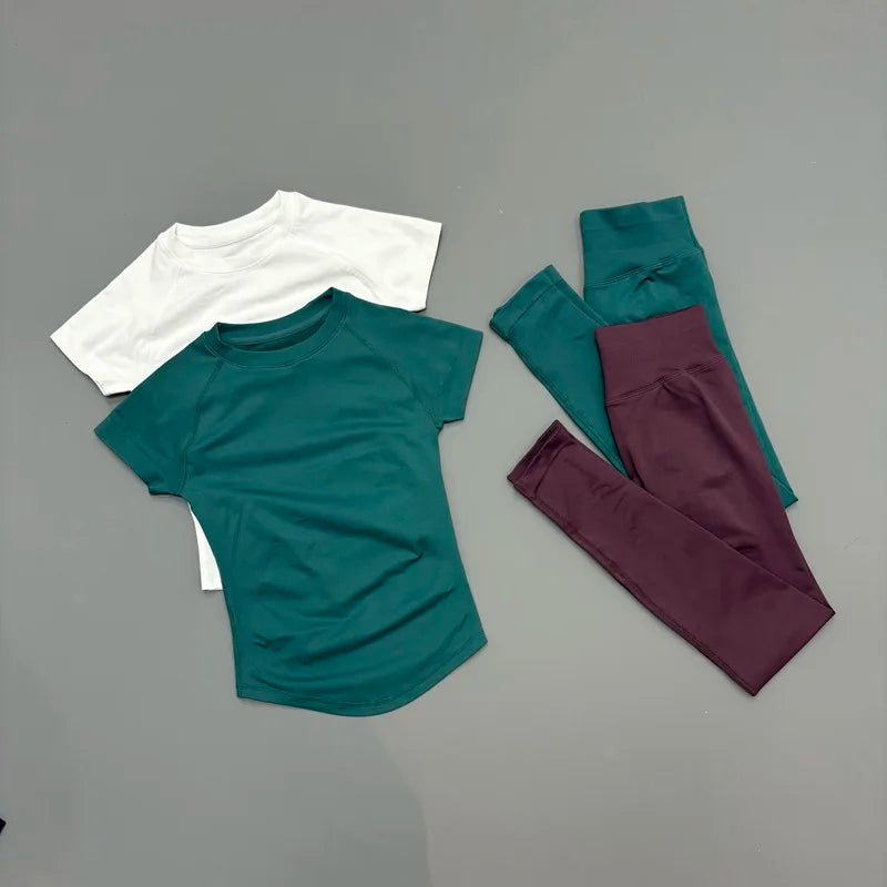 2 Pieces HISTELLO Sportswear Set Women Short Sleeve Seamless Low Waist Leggings Gym Yoga Fitness Running Daily Workout Sets