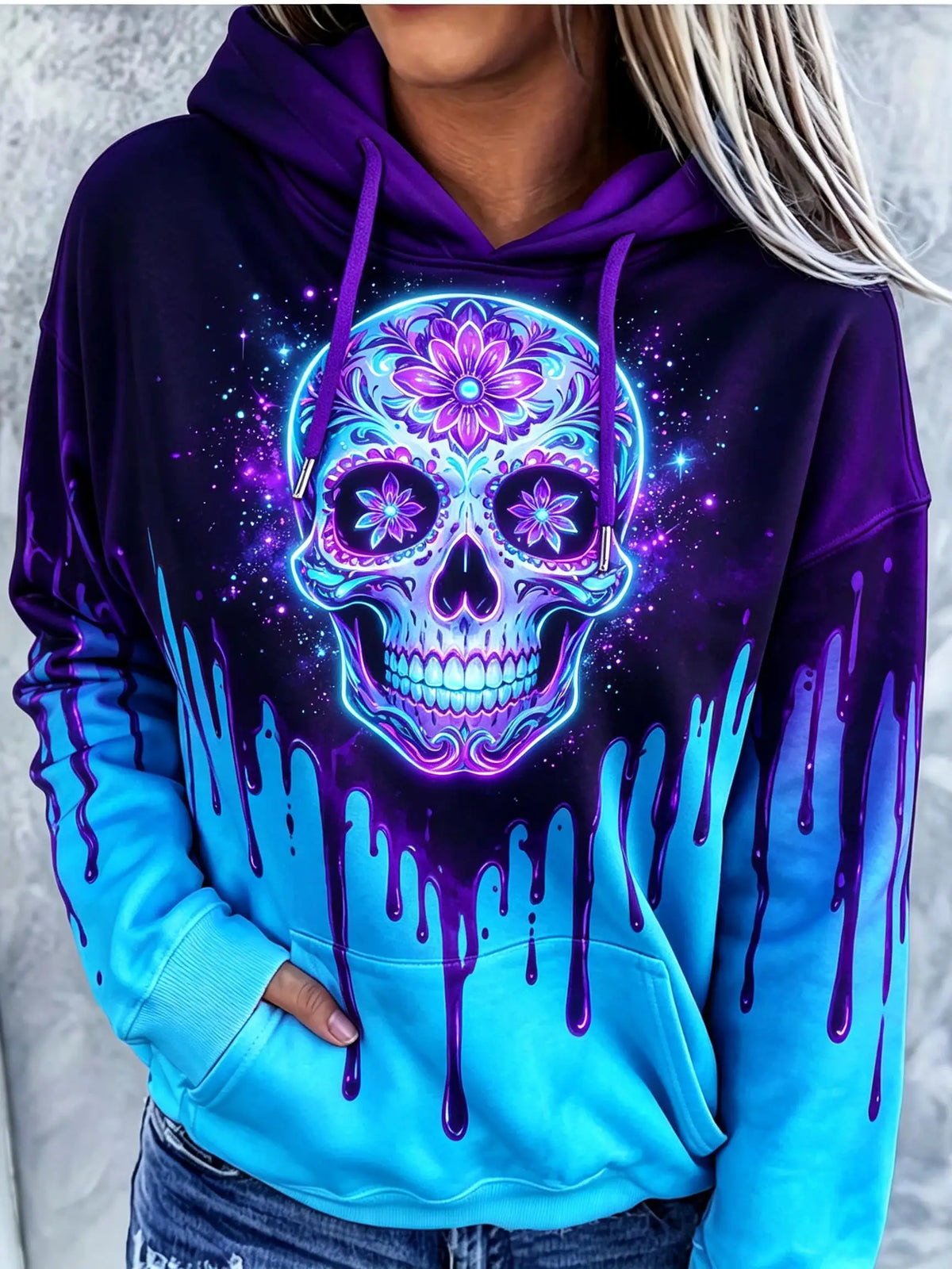 Women Fleece Hoodie Skull Floral Peony Ink Drip Print Long Sleeve Drawstring Pocket Loose Casual Hooded Sweatshirt
