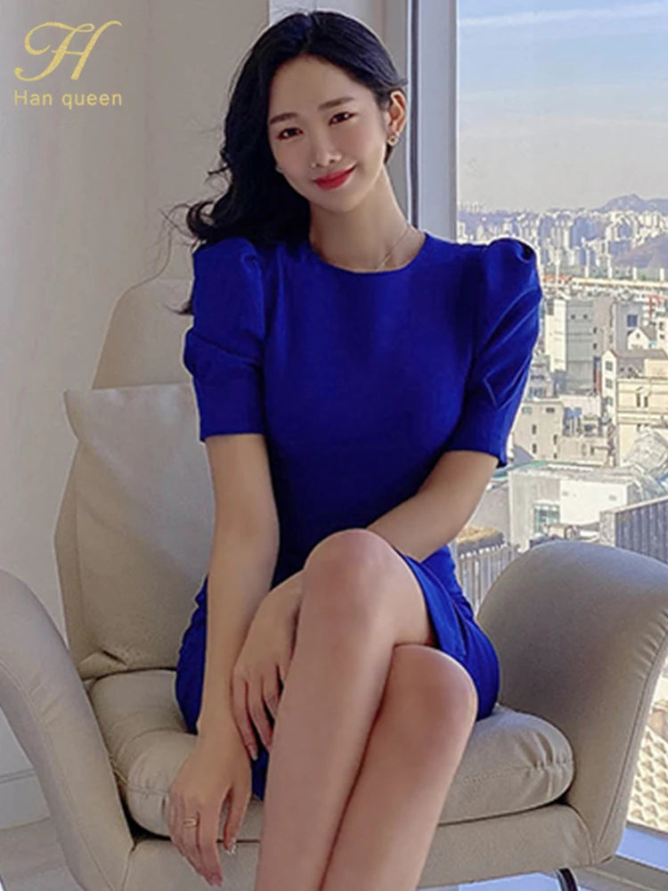 Hot Sale Summer Sheath Pencil Dress Simple Formal Office Lady Work Elegant Blue Solid Puff Sleeve Lace up Slim Party Dresses