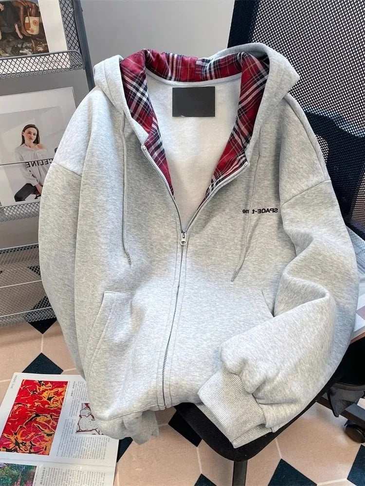 American Lazy Style Retro Plaid Splicing Hoodie Autumn Winter Fleece Lined Open Cardigan Couple Casual Hooded Jacket Trendy