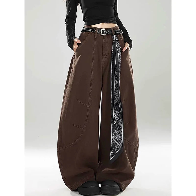 ZHIZOU Women Brown Gothic Baggy Y2k Jeans Vintage Harajuku Gradient Jean Pants American 2000s Oversize Denim Trousers Autumn