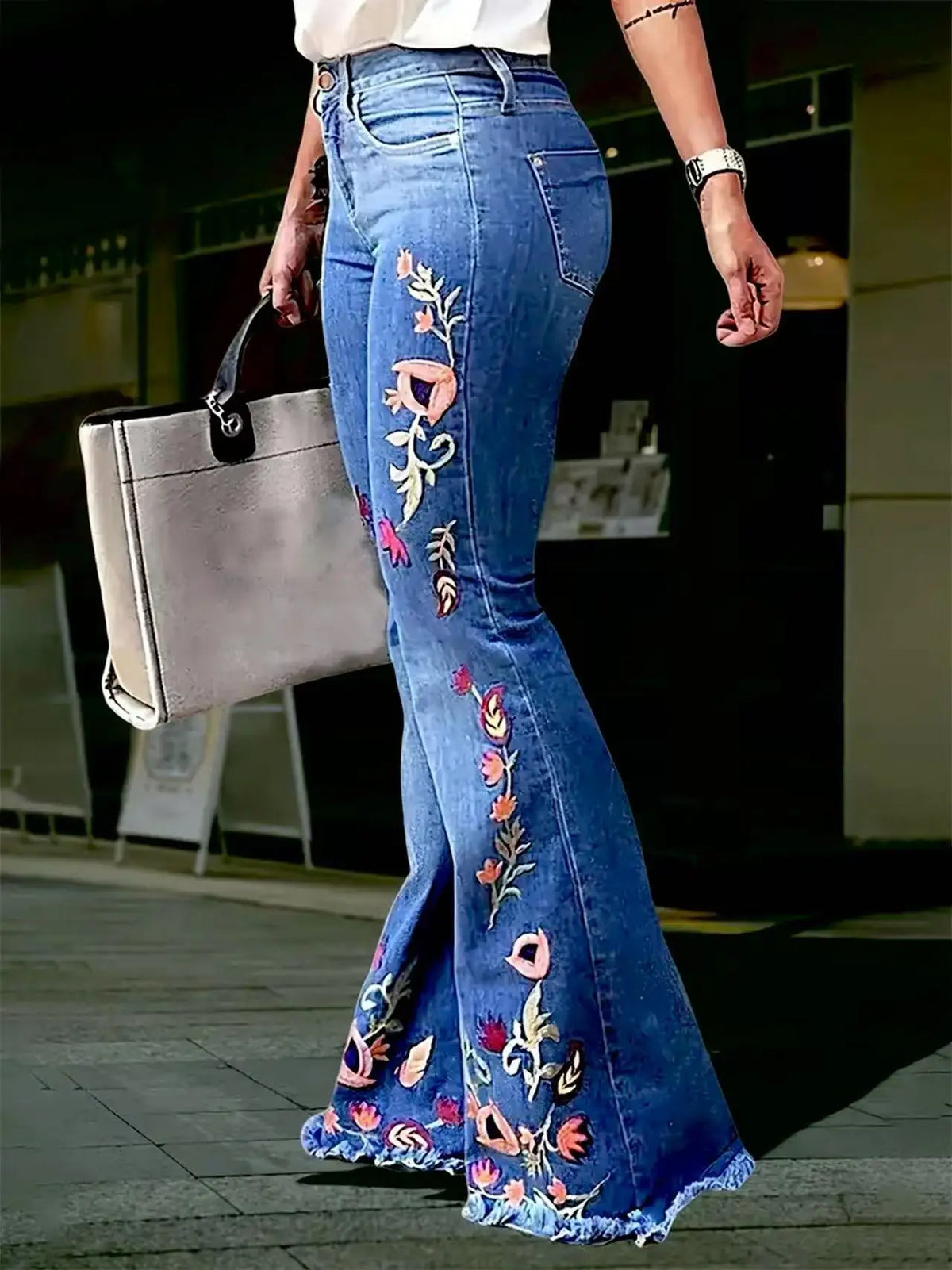 Women's High-Waisted Embroidered Bell-Bottom Jeans with Floral Patterns, Frayed Hem, Stone Washed Blue, Fitted Denim Long Pants