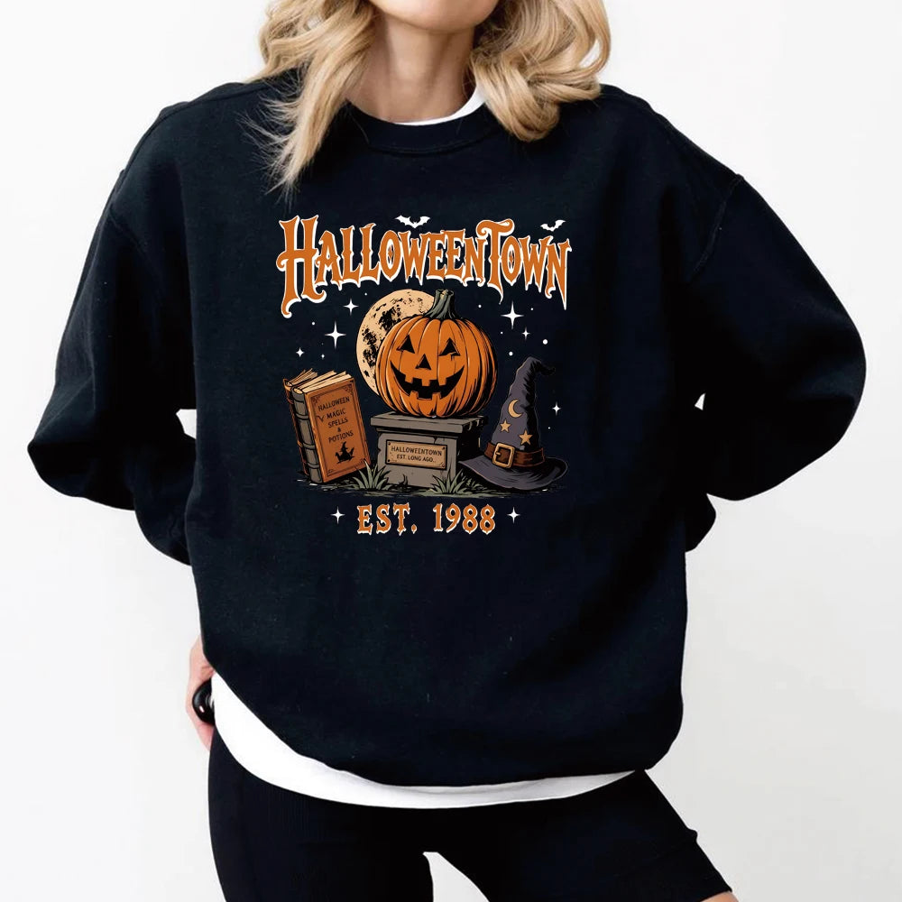 Vintage Halloween Town Est 1988 Sweatshirt Fall Pumpki Shirt Spooky Season Hoodie Winter Clothes Women Long Sleeve Sweatshirts