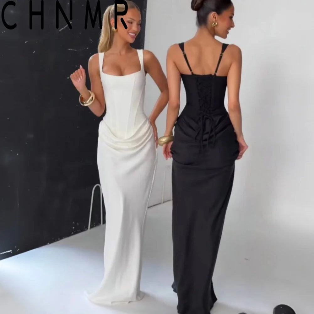 Dress Bandage Evening CHNMR Sexy Backless Ruched Maxi Dress for Women U-neck Sleeveless Bandage Bodycon Black Long Dresses Lady Evening Party Gown