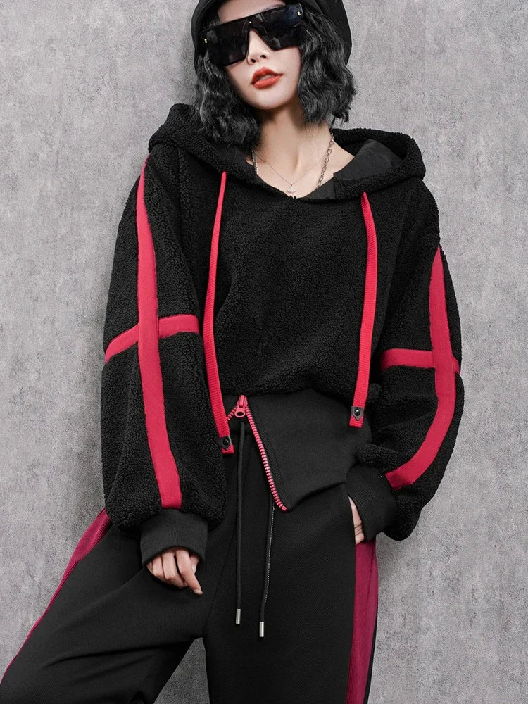 AmaxluluE Korean Winter Fashion Loose Hoodies Womens Vintage Striped Sweatshirts Ladies Classic Leisure Punk Hooded Fur Clothes