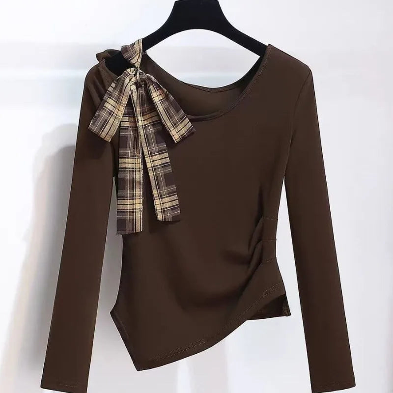 Women 2 Piece Outfit Long Sleeve Irregular Top and Plaid Long Skirt Set Bow Decor Two Piece Set Casual Party Matching Sets