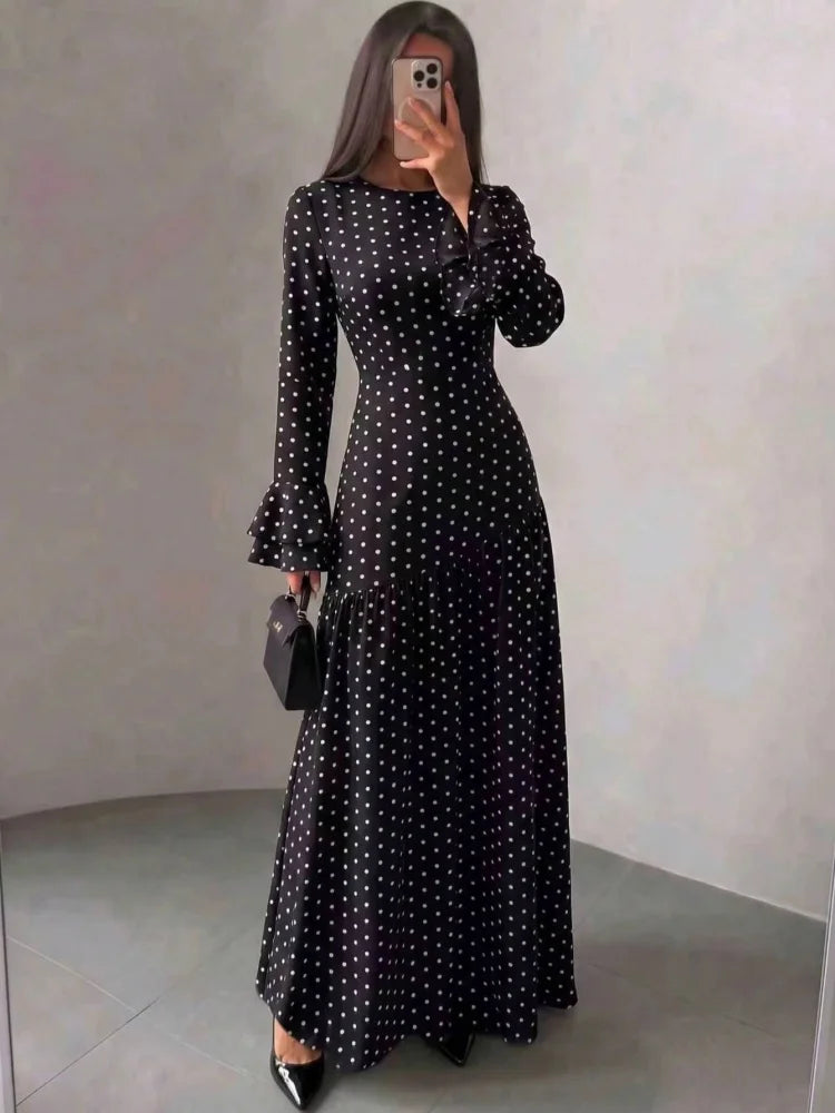 Women's Black & White Polka Dot Midi Dress, Round Neck, Bell Sleeves, Long Sleeves, Waist Tie, Ruffle Hem, Back Cutout, Casual E