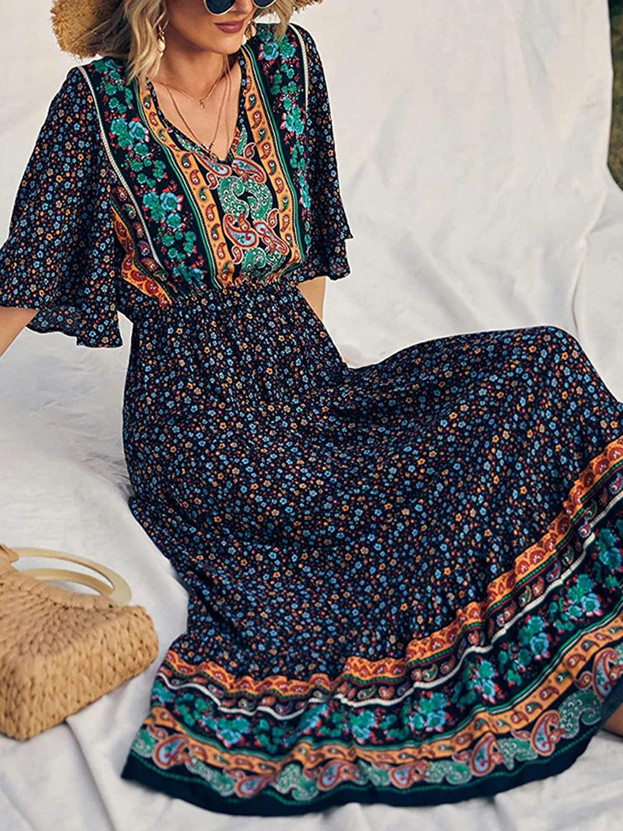 Elegant Casual Long Dress Boho Print Design Short Sleeve V Neck Summer Dress For Women 2024 Fashion