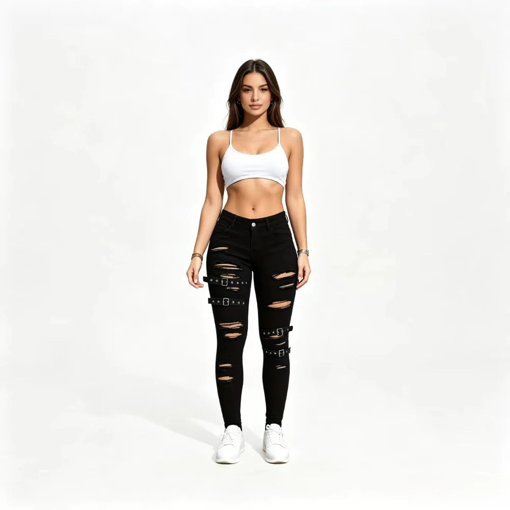 Black Ripped Strap Jeans Female, Punk Functional Wind High Waist Elastic Slim Small Feet Spice Girls Leggings