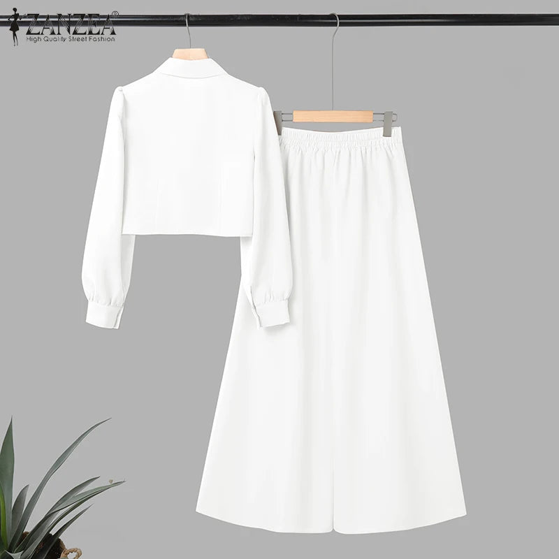 ZANZEA Elegant Women 2-Piece Pant Sets Long Sleeve Cropped Top & Wide Leg Pant Matching Sets Autumn Minimalist OL Work Co-ords